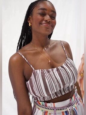 Lemlem by Liya Kebede x H&M Striped Puff Sleeve Crop Top Brown White Size L